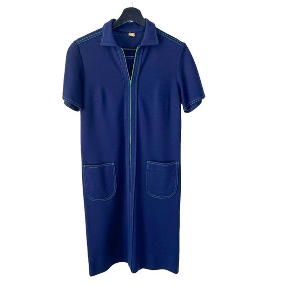 Vintage 60s Blue Green Contrast Seam Zip Up Collared Below Knee Dress XS - Picture 1 of 9